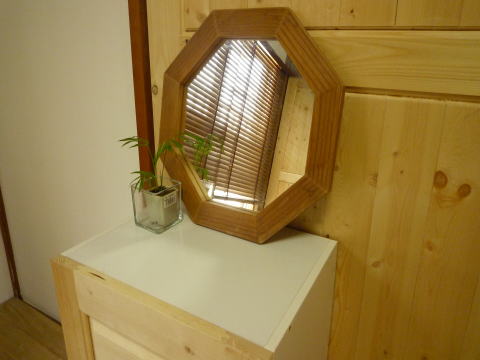 天然木 鏡 姿見 ミラー いのか家具 無垢材 鏡 壁掛け ナチュラルカントリー8角形 いのか家具